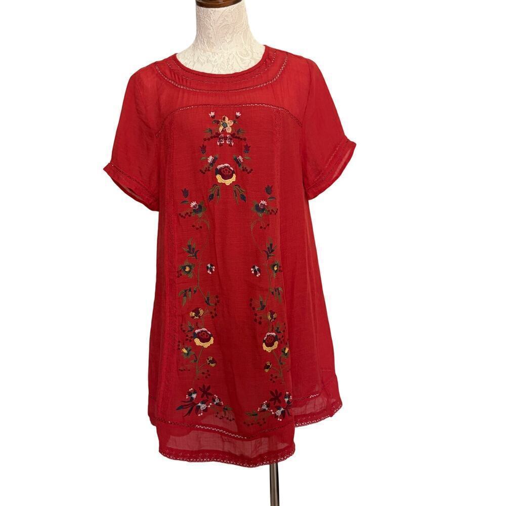 Umgee embroidered tunic dress floral boho cottagecore size large rust